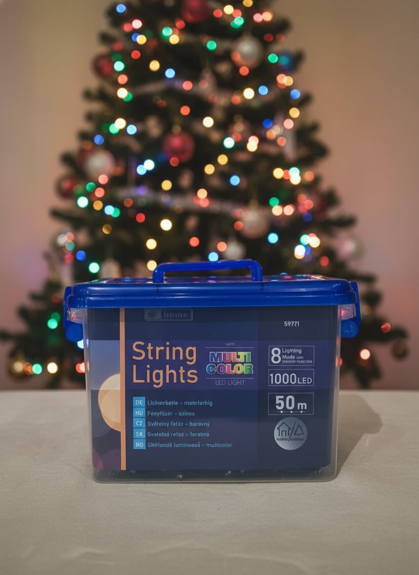 Fényfüzér, 50 m hosszú, 5 m vezetékkel, színes 1000 led, 8 mòd, IP44