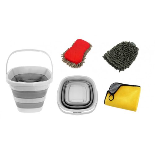 4 részes takarító készlet, szivacs, kendő, kesztyű és összecsukható vödör