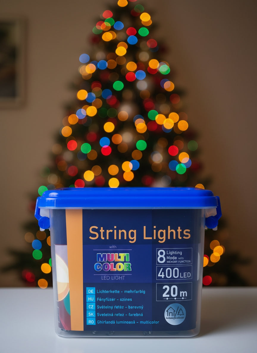 Fényfüzér, színes, 400 ledes, 20 m hosszú, nyolc világítási mòd, kül- és beltéri