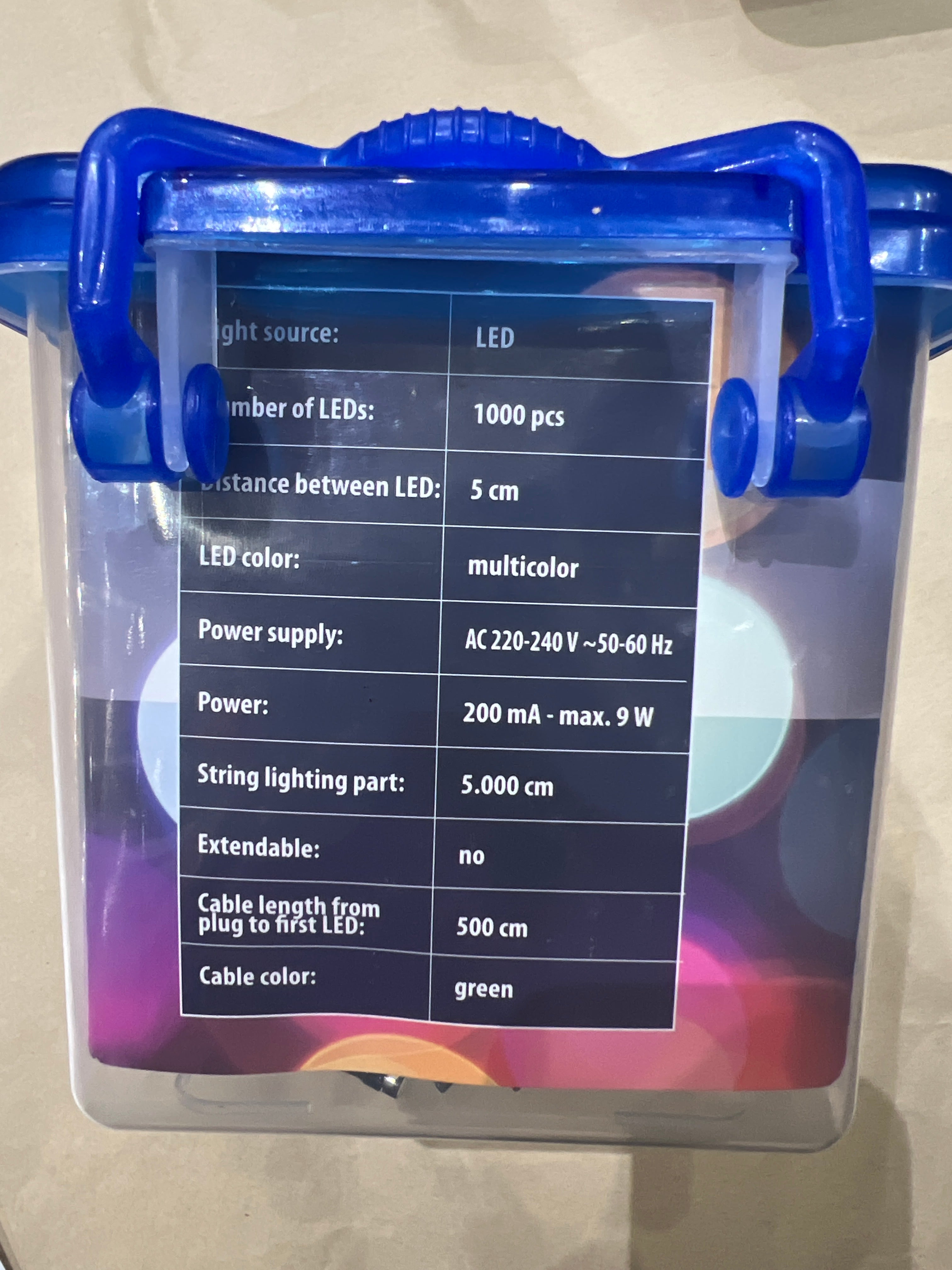 Fényfüzér, 50 m hosszú, 5 m vezetékkel, színes 1000 led, 8 mòd, IP44