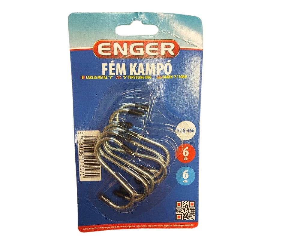 Kampó fém S 6 cm gumis vég 6 db-os