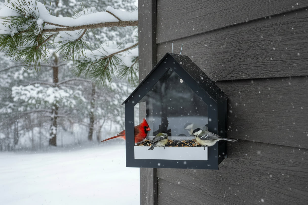 Madáretető fémből, falra rögzíthető, kivehető tálcával
