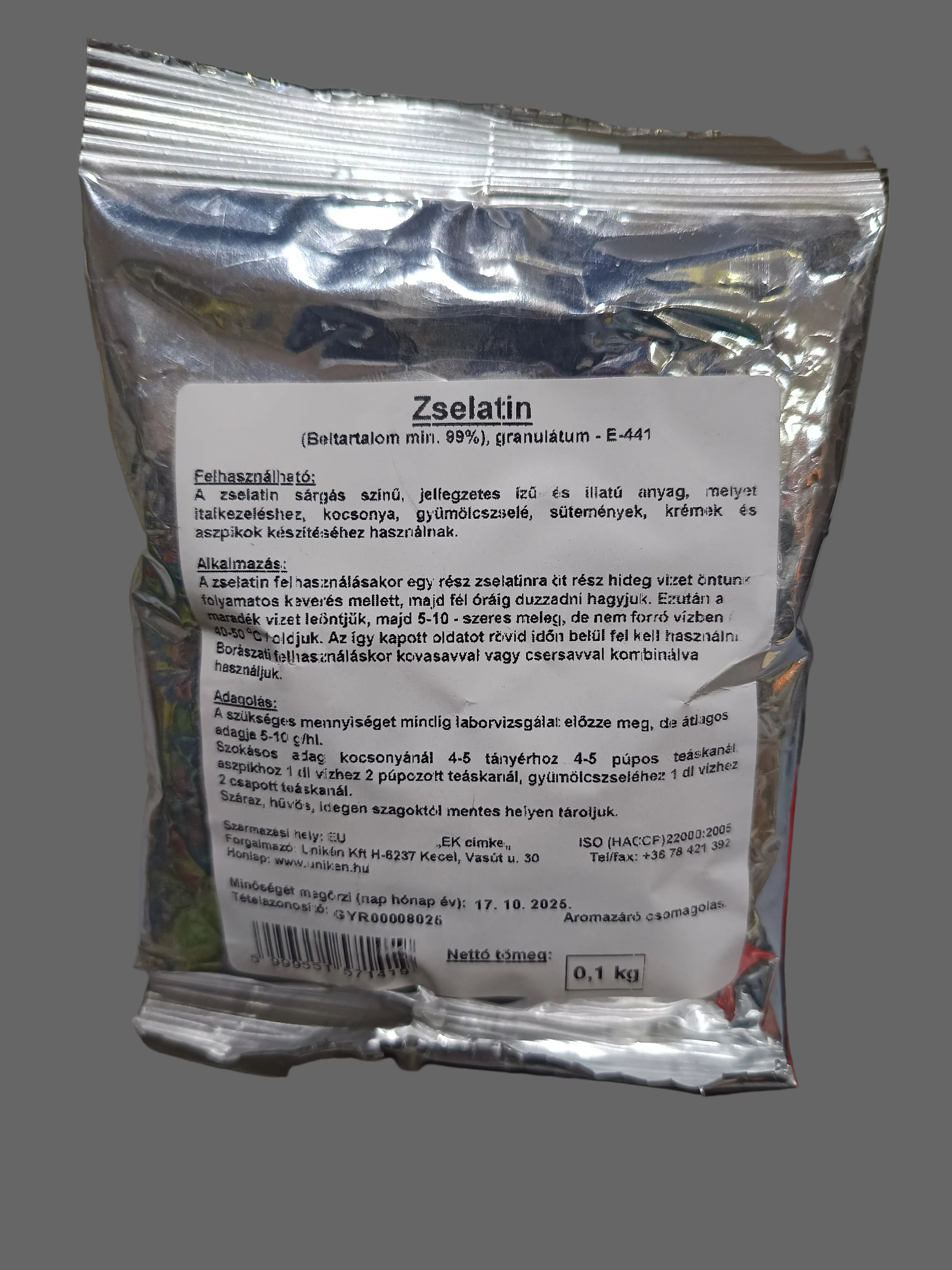 Zselatin (beltartalmi min. 99%) granulátum 0,1kg