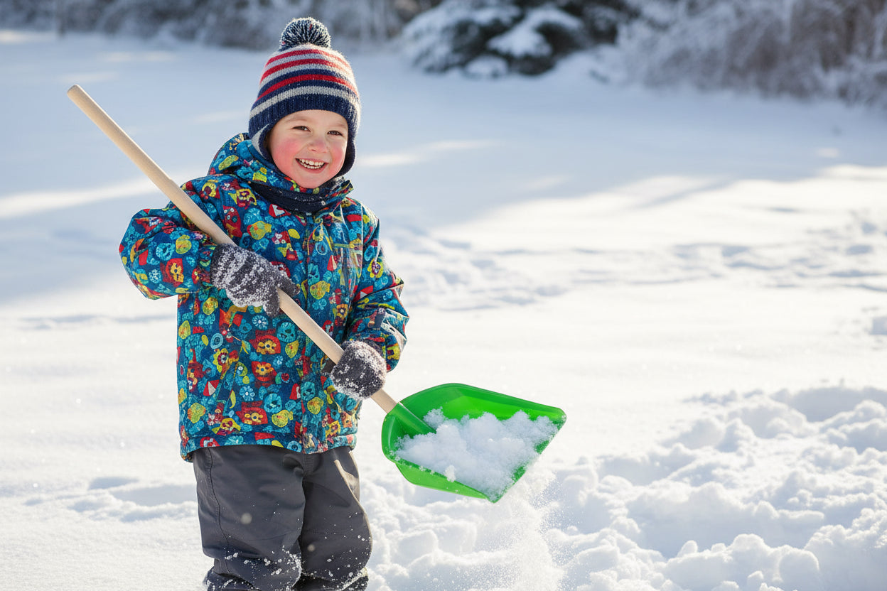 a smiling child working in snow with this
