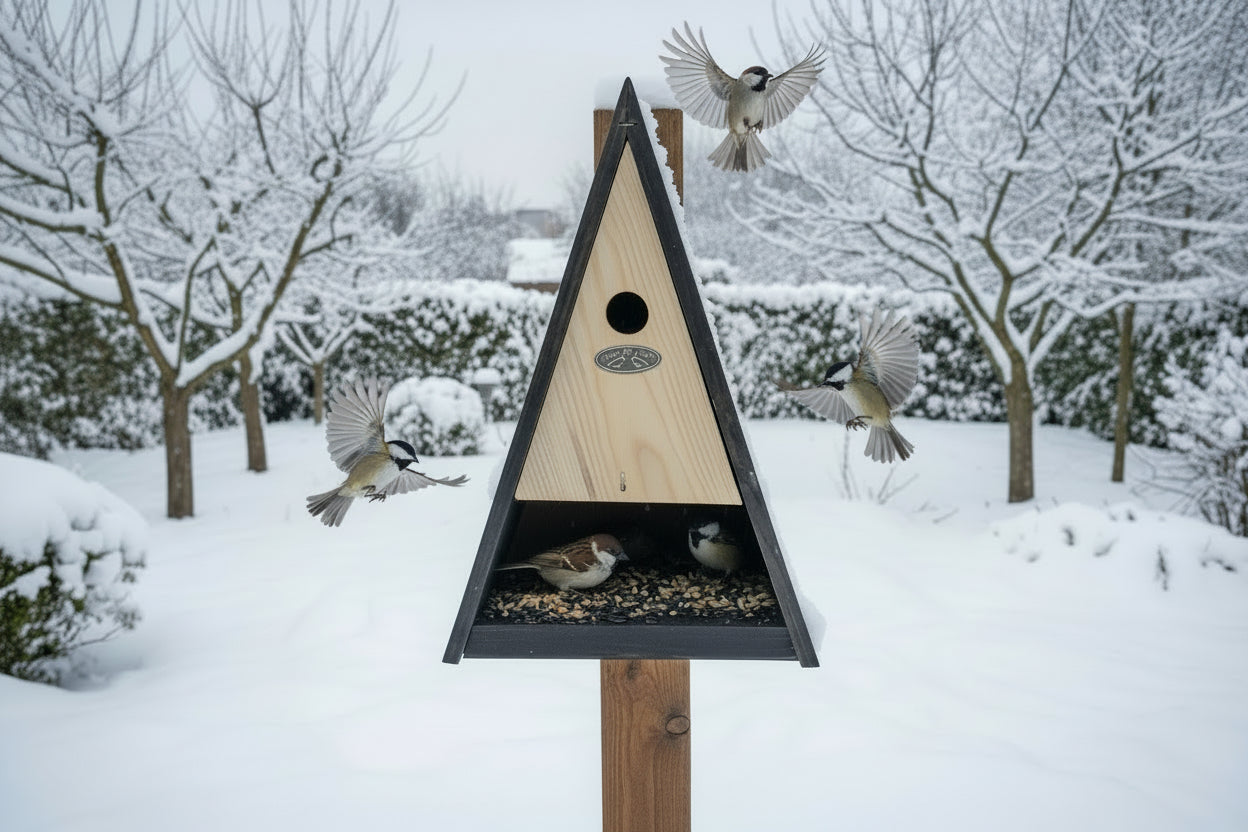 Madáretető, fából, 2 polcos, levehető előlappal