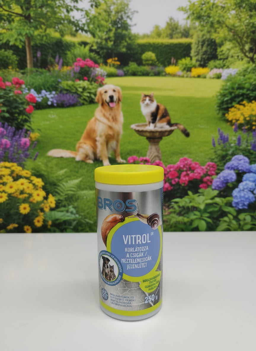 Háziállatok környezetében is alkalmazható csiga riasztó Bros Vitrol 250g