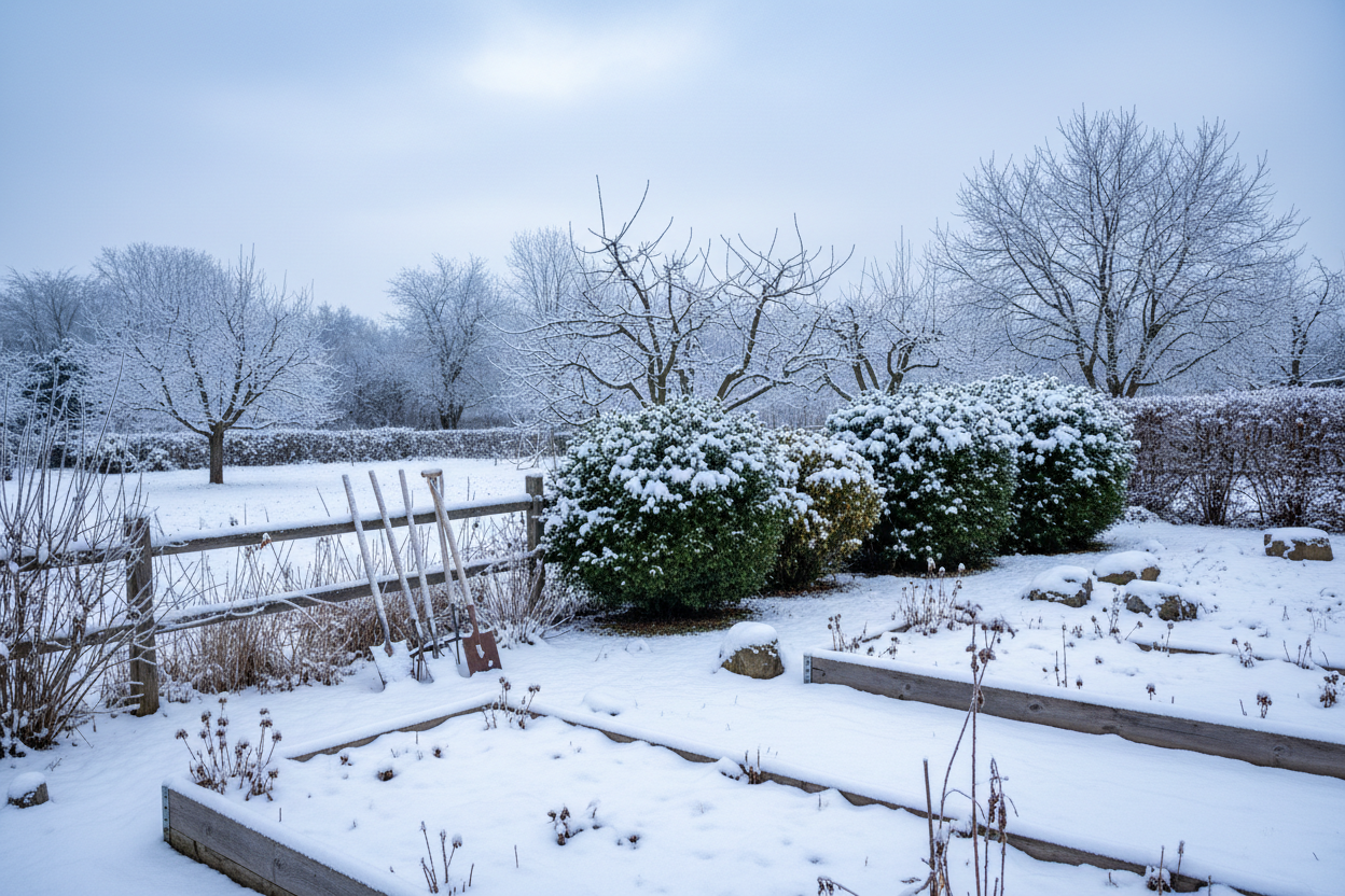 snowy winter gardening background